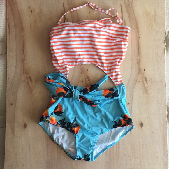 NEW High-Waist Monokini Oranges Blue Swimsuit - Picture 7 of 7